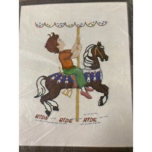Vintage 1974 Crewel Kit  Pauline Denham Ride Ride Ride Carousel Boy New 8x10